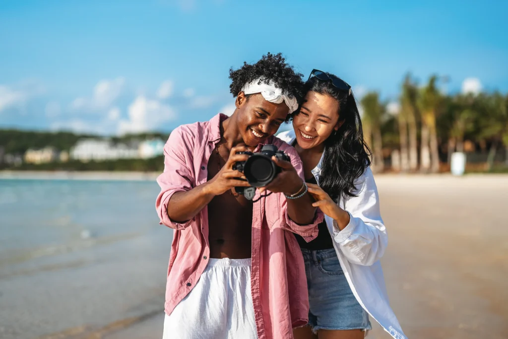 Young couple taking instagram pictures