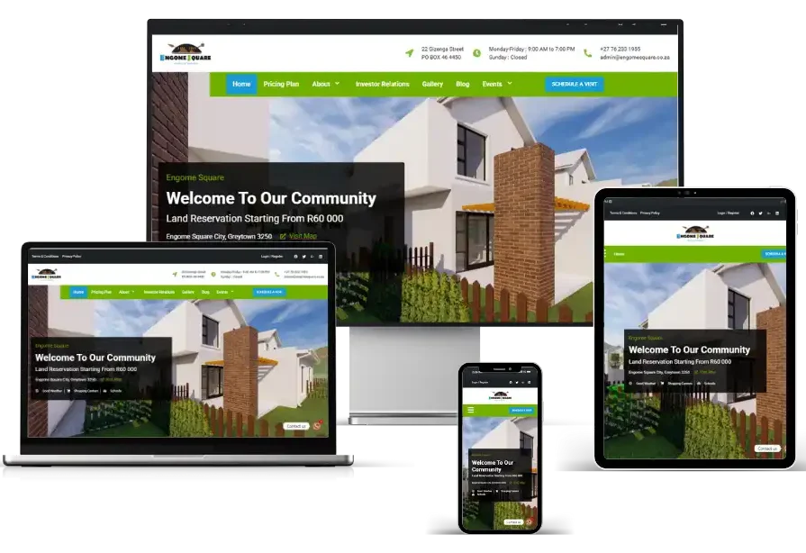 All device mockups of a Engome Estate website